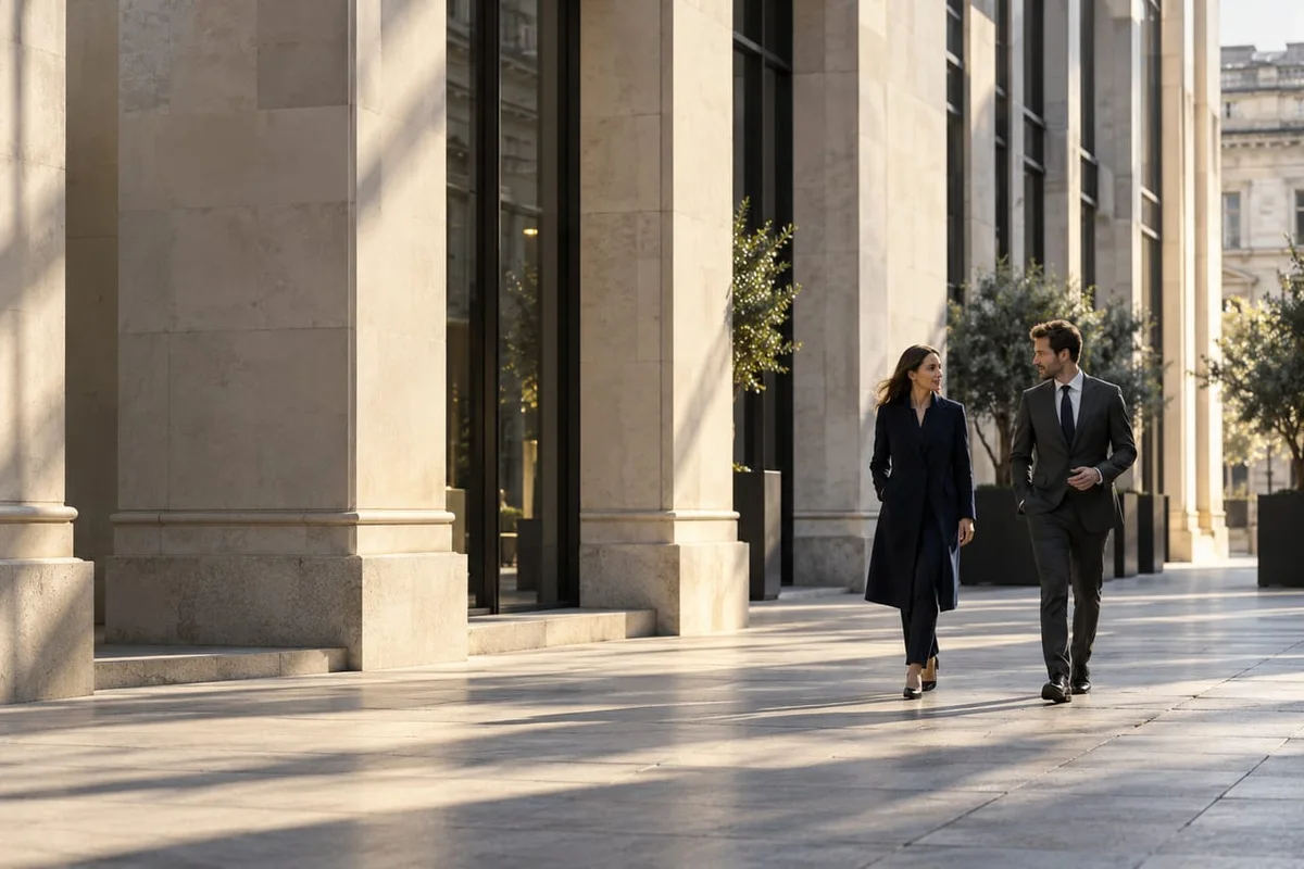 Two people walking beside the sunlit stone columns of a London building