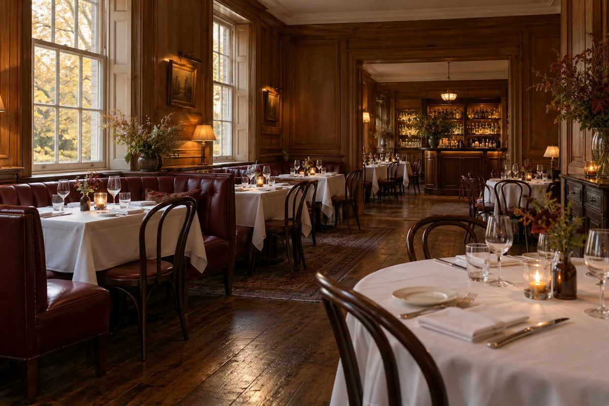 Oak-panelled restaurant with burgundy banquettes and linen tables