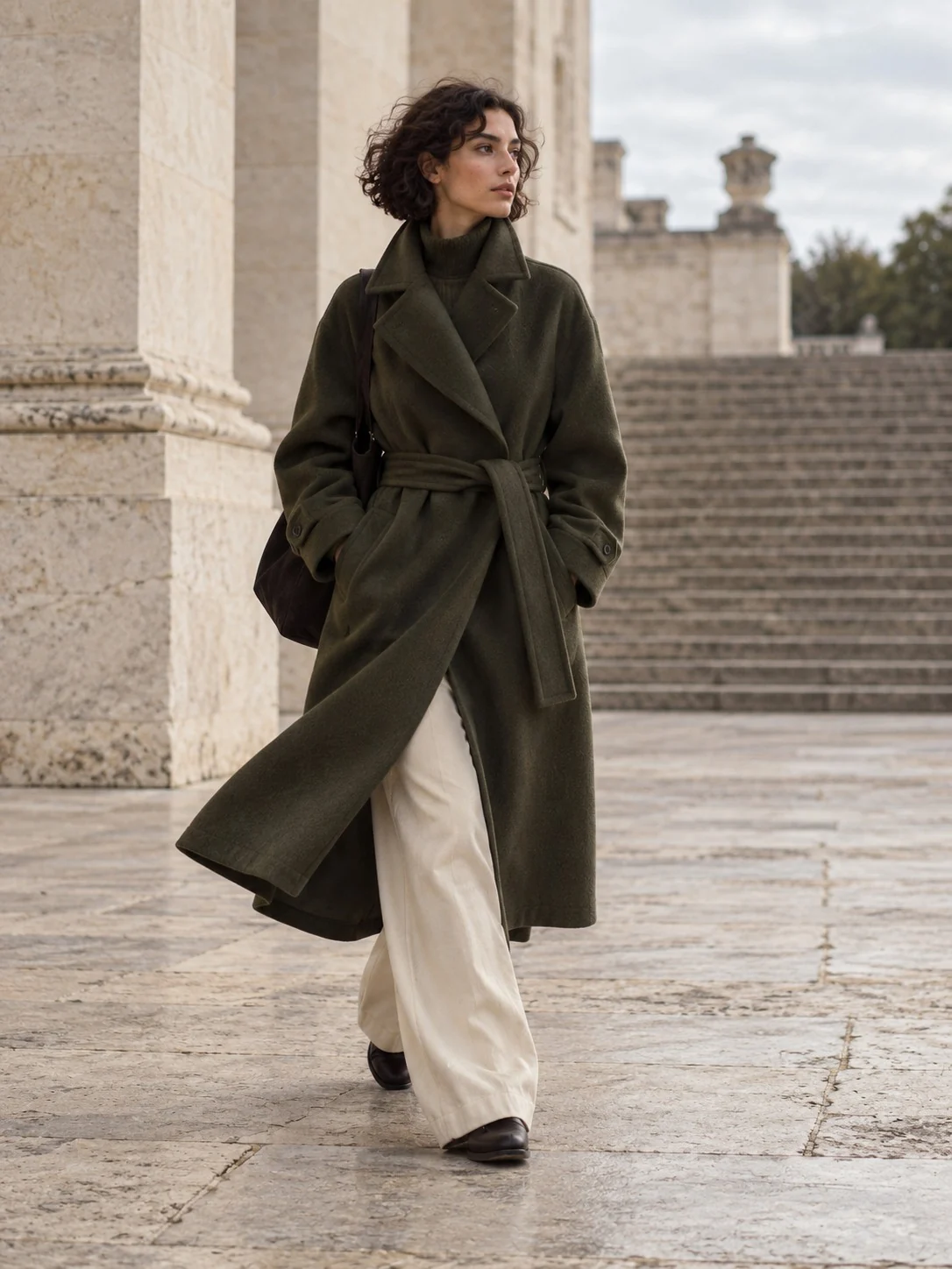 A woman in an olive wrap coat in a limestone courtyard